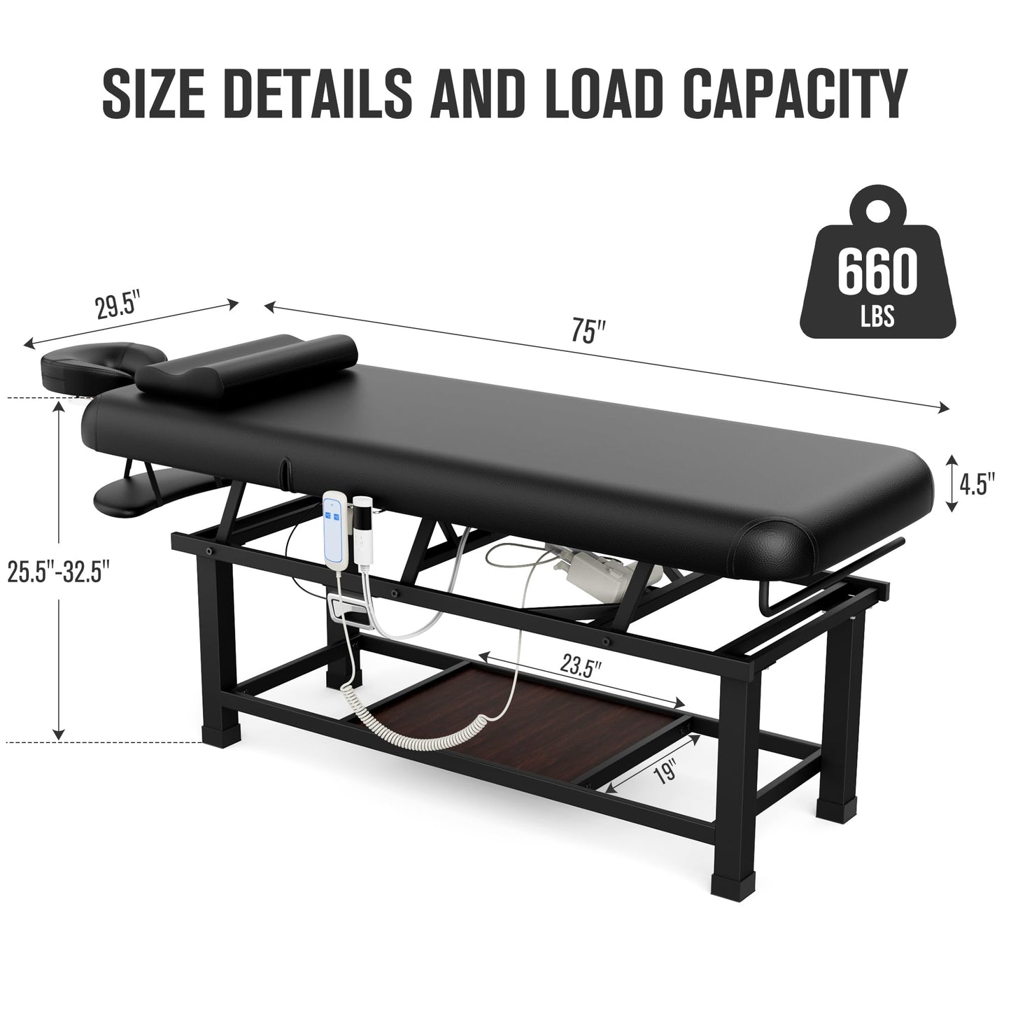Dolonm Heating Function 30 Wide x 75 Long Heavy Duty Electric Stationary Massage Table with Backrest Adjustable and Storage Space for Treatment/Medical Spa/Facial/Beauty/Massage Bed and More - Black