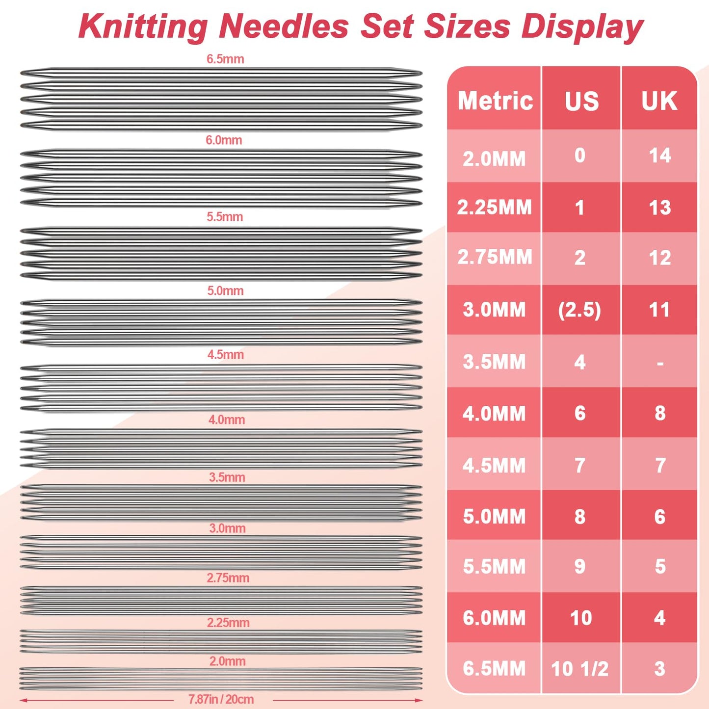 Coopay 55pcs Double Pointed Knitting Needles Set, 2.0mm-6.5mm, Sock Knitting Needles, 20cm Metal DPN Shorties Knitting Needle for Socks Gloves Hats, Double Pointed Needles with Knitting Needle Gauge