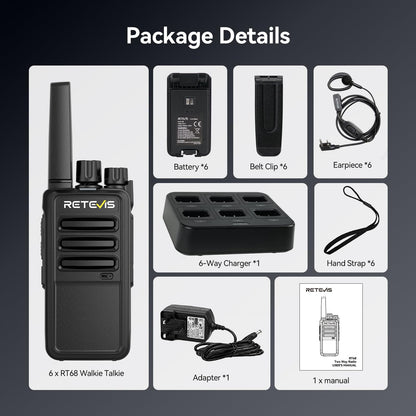 Retevis RT68 Walkie Talkies with Earpiece, Portable FRS Two-Way Radios Rechargeable, with 6 Way Multi Unit Charger, Hands Free, Long Range, Rugged 2 Way Radios 6 Pack for Adults School Church