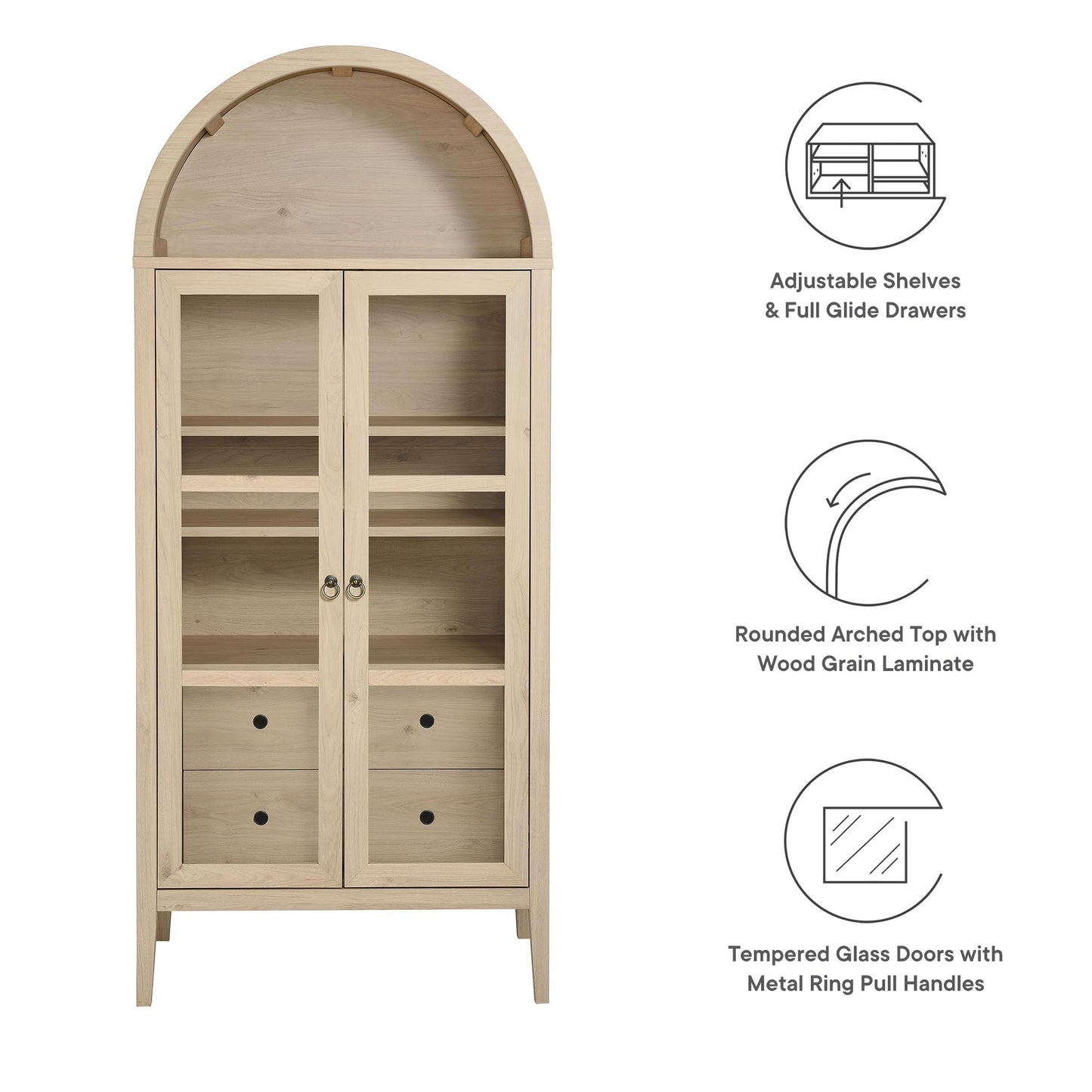 Modway Nolan Modern Farmhouse 71 Inch Tall Arched Storage Display Cabinet in Light Oak Wood Grain - 4-Tier Bookcase with Glass Doors and Shelves - Arch Accent Cabinet for Living Room