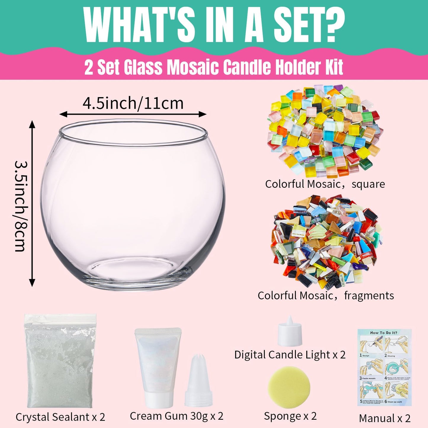 Sunnychicc 2 Set Glass Mosaic Candle Holder Kit Include Tea Light Holder, Glass Mosaic Tiles DIY Crafts Creativity Handmade Artwork for Adults Home Lighting Decor(Rainbow Theme)
