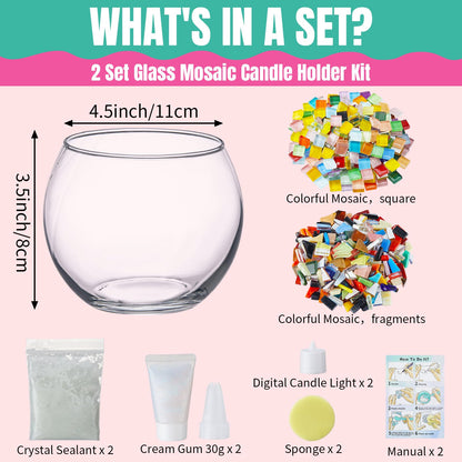 Sunnychicc 2 Set Glass Mosaic Candle Holder Kit Include Tea Light Holder, Glass Mosaic Tiles DIY Crafts Creativity Handmade Artwork for Adults Home Lighting Decor(Rainbow Theme)