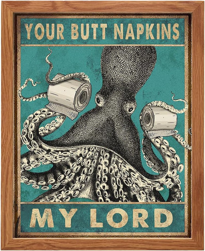 Octopus Nautical Bathroom Decor - Framed Funny Bath Picture | Beach-Themed Wall Art for Guest Bathrooms