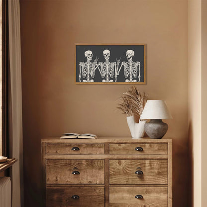 Aroutde Framed Gothic Skull Skeleton Canvas Wall Decor Funny Skull Victory Hippie Posing Print Hallpween Wall Art Small Spooky Painting Artwork for Home Bedroom Living Room Decorations 18''x10''