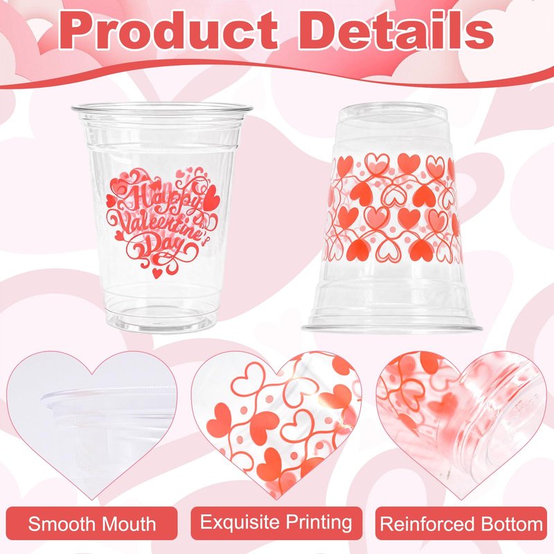 Gistome 50 Pcs 12 oz Valentine’s Day Plastic Cups, “Happy Valentine’s Day” and Heart Pattern Printed Disposable Cups, Red Love Design Cups for Beverages, Parties, Weddings, and Romantic Celebrations