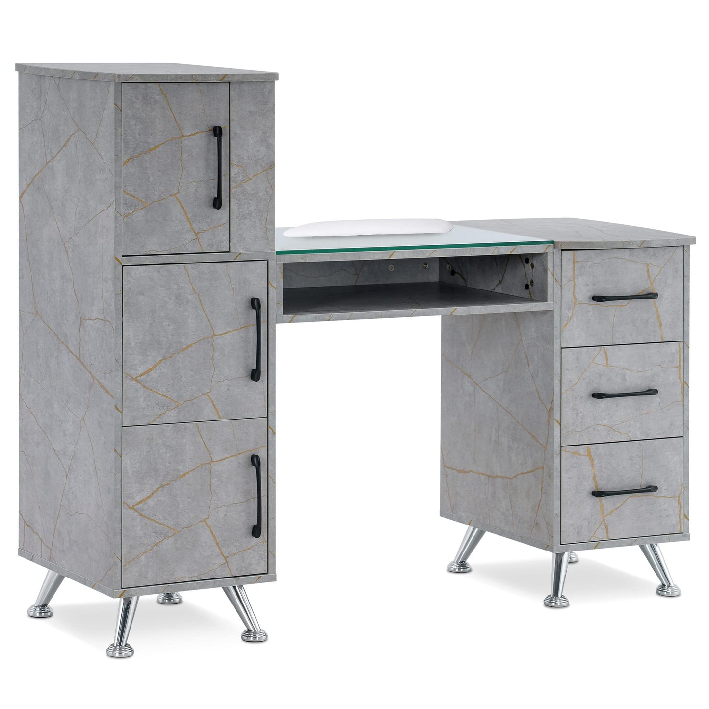 BarberPub Manicure Table, Nail Makeup Desk with Drawers, Storage Beauty Salon Workstation 2611 (Gold&Grey)