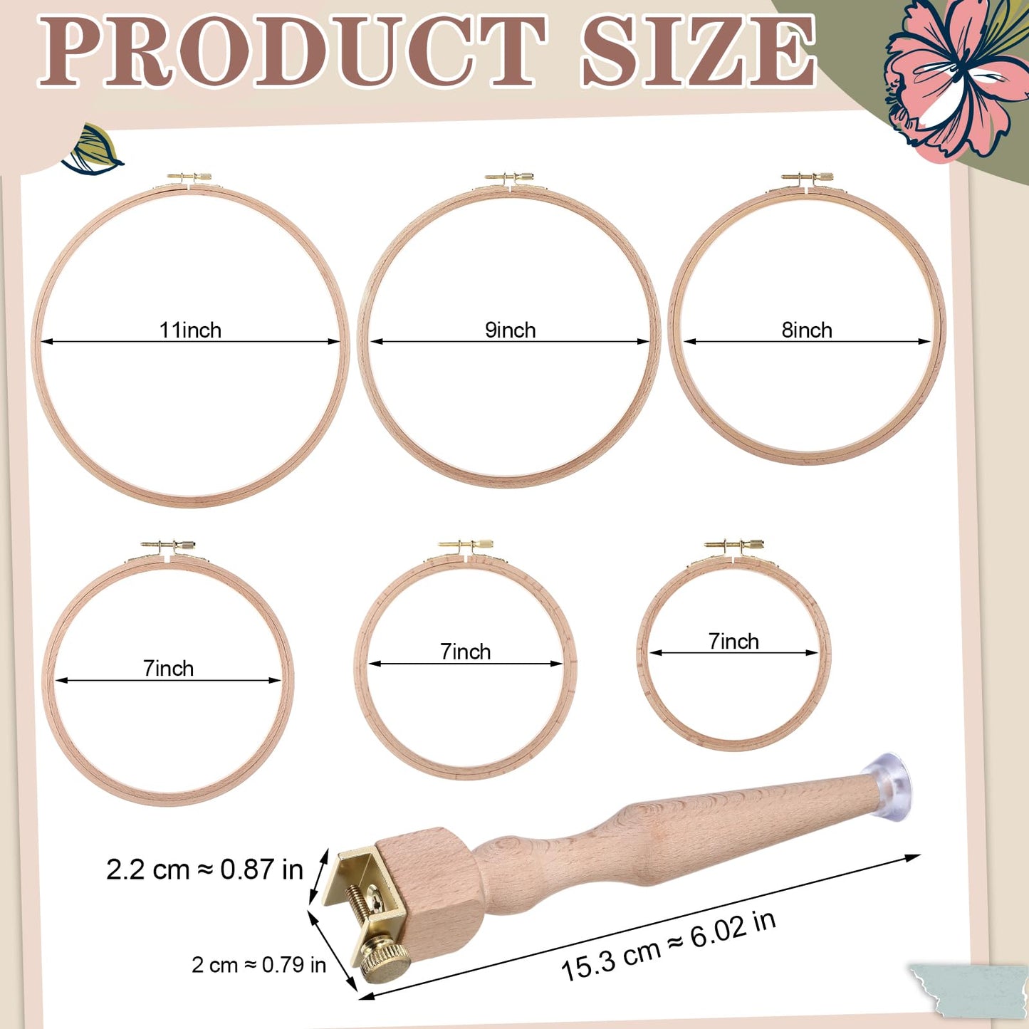 Novabright 3 Wooden Embroidery Hoop Holder Legs with 6 Round Hoops 5'' to 10'' 6 Sizes, Adjustable Embroidery Stand Frame Legs Standard Full Coverage for Upgrade Sewing Cross Stitch Home Craft Project