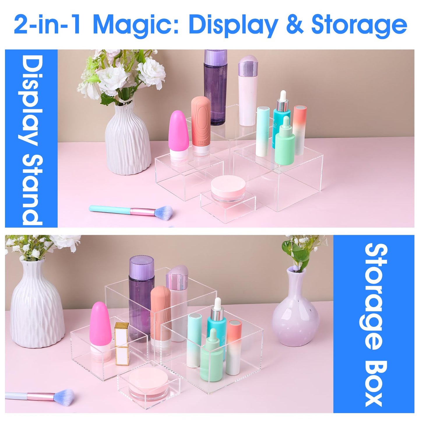 6 Pcs Acrylic Risers for Display Clear Risers Display Stands with Hollow Bottoms 5 Sided Acrylic Cube Boxes Square Nesting Cubes Decorative Stand Shelf for Food Dessert Jewelry Figures Decor 6 Sizes