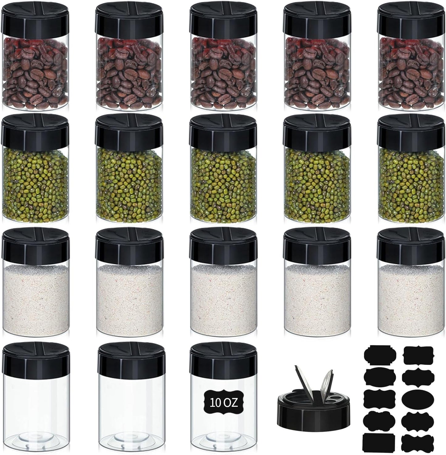 Uiifan 18 Pack 10 oz Spice Jars with Black Lids, Clear Plastic Spice Containers with Shaker Lids for Kitchen