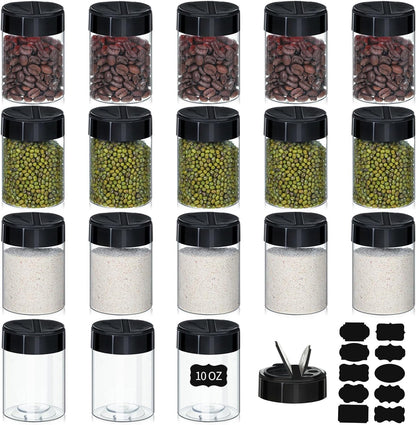Uiifan 18 Pack 10 oz Spice Jars with Black Lids, Clear Plastic Spice Containers with Shaker Lids for Kitchen