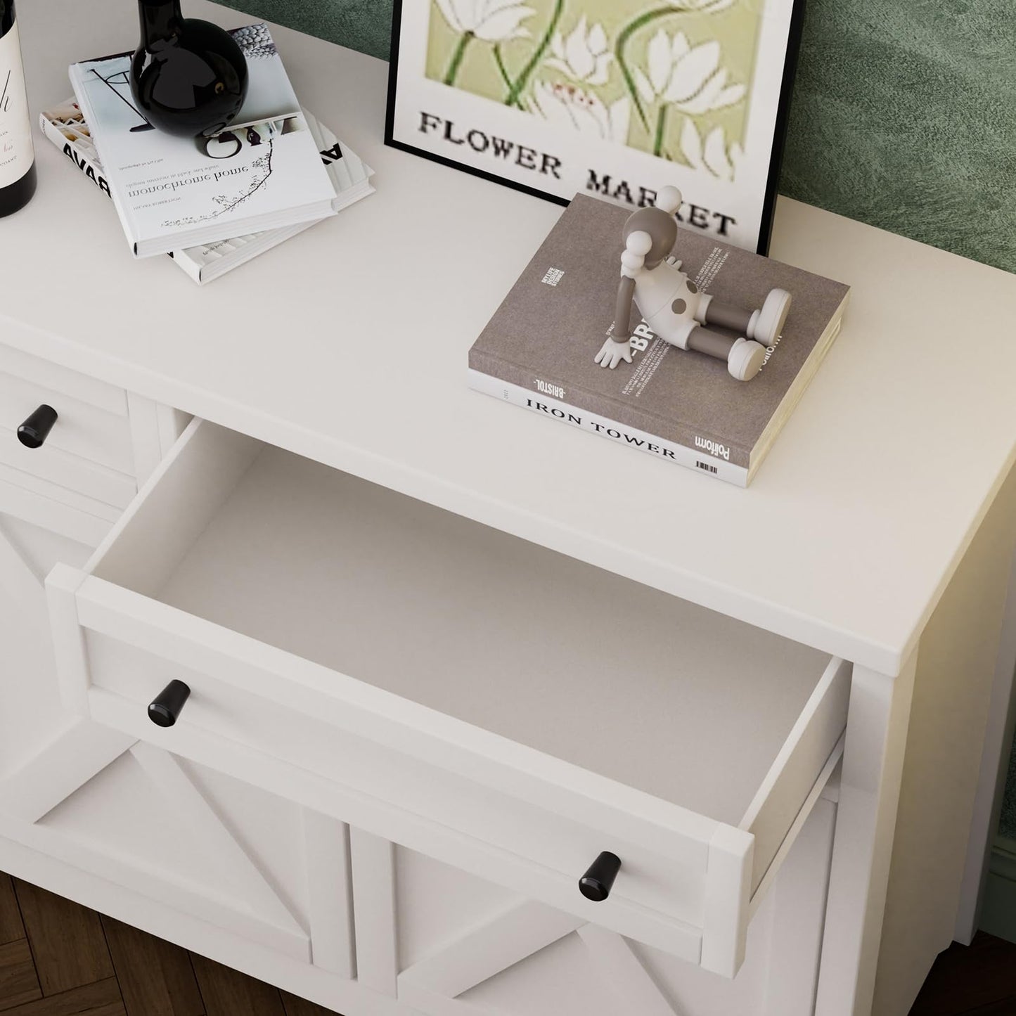 Lyromix 66'' Farmhouse Sideboard Buffet Cabinet with Storage, Large Kitchen Storage Cabinet with Barn Doors Drawers, White Coffee Bar Table for Dining Room Kitchen