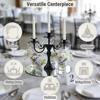 KEHAIL Metal 3 Arm Candelabra with Crystal Pendants - 11.8 Inch Tall Candle Holders, Set of 2 - Elegant Taper Candlestick Stand for Wedding, Dining Table, Christmas Party Home Decoration (6, Black)
