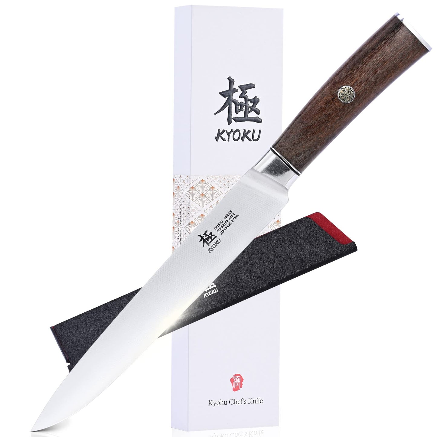 KYOKU 8 Inch Carving Knife - Daimyo Series - Meat and Fruit Slicing Knife with Ergonomic Rosewood Handle, & Mosaic Pin - Japanese Style 440C Stainless Steel Kitchen Knife with Sheath & Case