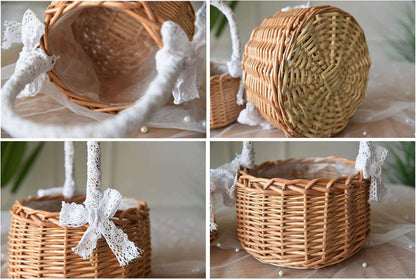 ASSR 2PCS Woven Storage Basket with Handle and Ribbon, Wicker Rattan Flower Girl Baskets for Wedding, Home Garden Decor