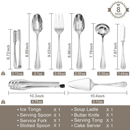 KINGSTONE 8 Piece Teardrop Serving Utensils Set, 18/10 Stainless Steel Serving Utensils, Slotted Spoons, Forks, Tongs, Cake Server, Butter Knife for Buffet, Catering, Wedding, Party