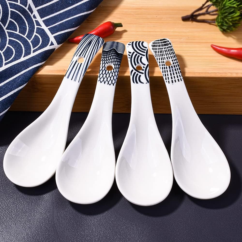 Japanese Soup Spoon Set of 4 - Small Black Style Soup Spoons for Ramen, Wonton, Oat Salad