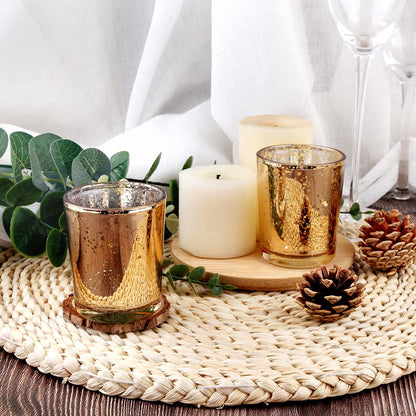 BTGLLAS 36pcs Gold Glass Tea Light Holders - Votive Candle Holders Bulk for Weddings Events - Glass Votives for Wedding Centerpieces, Christmas, Thanksgiving - Candle Accessories Decor (36, Gold)