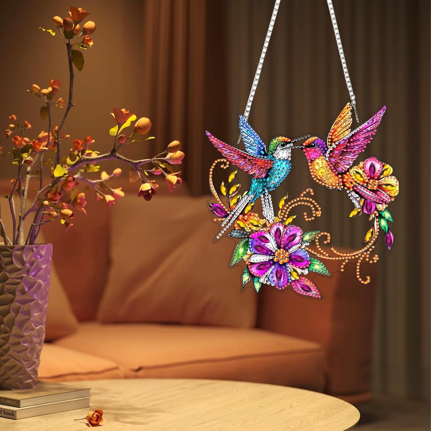 Lxmsja DIY Colorful Hummingbirds Diamond Painting Hanging Ornament, Double-Sided Acrylic Bright Flowers Diamond Art Kit, Special Shaped Suncatcher Hanging Pendant Window Art Kit 8x8 inch