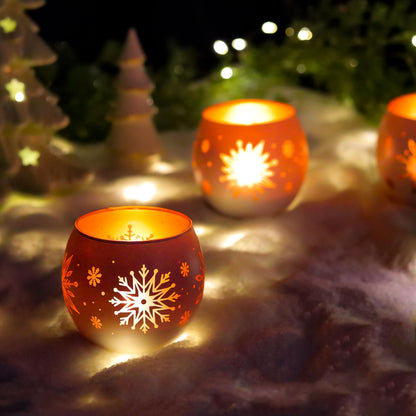 Snowflake Christmas Candle Holders Set of 4, Gold & White Glass Tealight Votive Holders for Winter Decor, Xmas Table Centerpieces, Indoor Christmas Decorations, Ideal