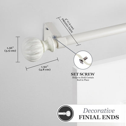 Kenney Rachel Fluted Ball Window Curtain Rod, Adjustable 28-48 Inch, Antique White
