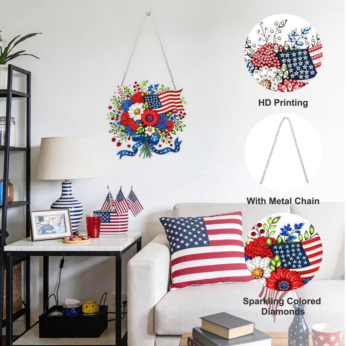 Flowers Diamond Art Hanging Kits for Adults, American Flag Diamond Painting Window Pendant Kits, DIY Acrylic Special Shaped Crystal Gem Art Painting Ornament for Home Garden Wall Hanging Decor