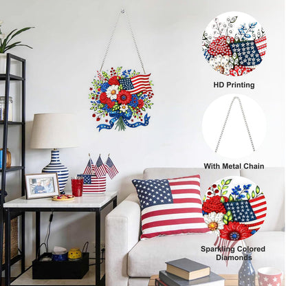 Flowers Diamond Art Hanging Kits for Adults, American Flag Diamond Painting Window Pendant Kits, DIY Acrylic Special Shaped Crystal Gem Art Painting Ornament for Home Garden Wall Hanging Decor