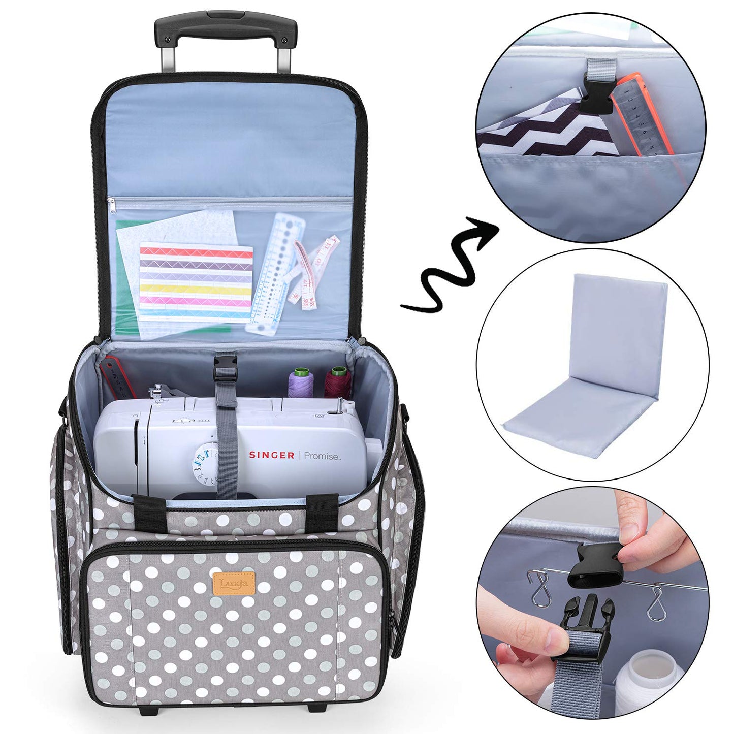 LUXJA Sewing Machine Case with Detachable Dolly, Sewing Machine Tote with Removable Bottom Pad (Patent Design), Gray Dots