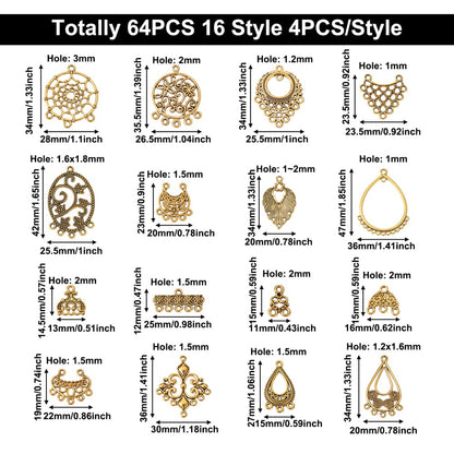 Bestewelry 64Pcs Tibetan Antique Gold Chandelier Charms 16 Styles Vintage Filigree Hollow Links Charms with Loops Findings for Dangle Earrings Connector Components Jewelry Making