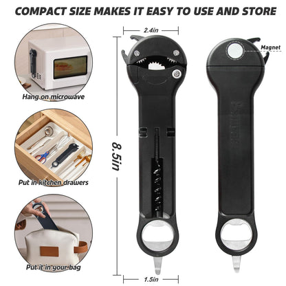 Banyaa 7 in 1 Jar Opener Bottle Opener and Wine Opener for Seniors with Arthritis, Weak Hands, Multi Retractable Magnetic Can Opener, Original Kitchen Lid Opener Tool (Black)