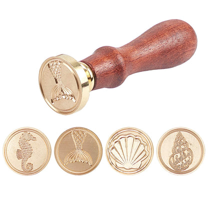 CRASPIRE 7Pcs Ocean Theme Wax Seal Stamp Kit Shell Seahorses Sealing Wax Stamps Brass Heads Wood Handle Black Velvet Pouch Conch Sea Animals Retro Brass Stamp Kit for Letter Envelope Card Gift Decor