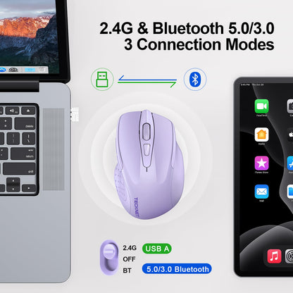 TECKNET Wireless Mouse (BT5.0/3.0 & 2.4G) Rechargeable 4800 DPI Silent USB A & Bluetooth Mouse 6 Buttons, Wide Compatibility - Grey