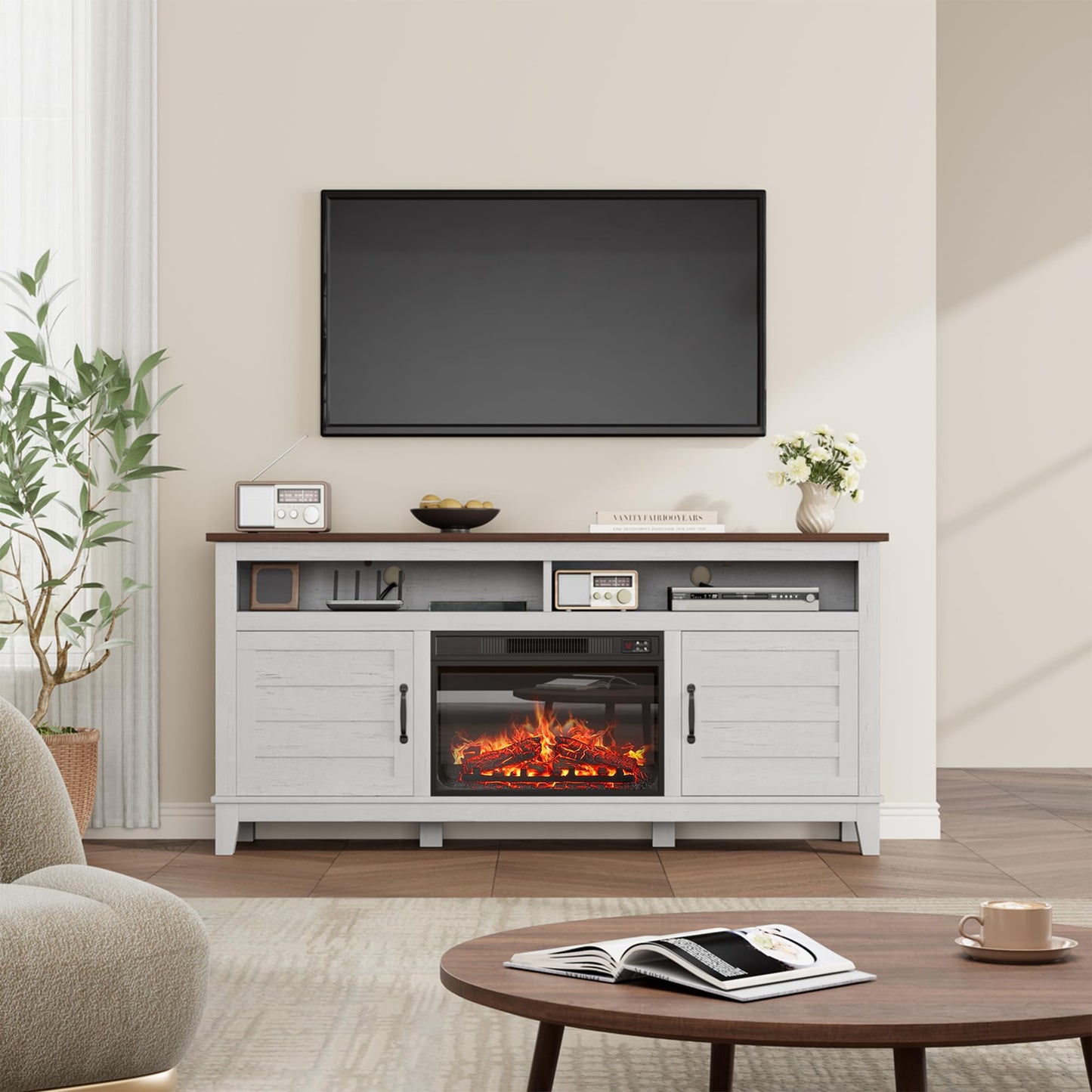 IDEALHOUSE Fireplace TV Stand, Entertainment Center with Fireplace, Farm TV Cabinet with Cupboard Door, Suitable for Living Room and Bedroom