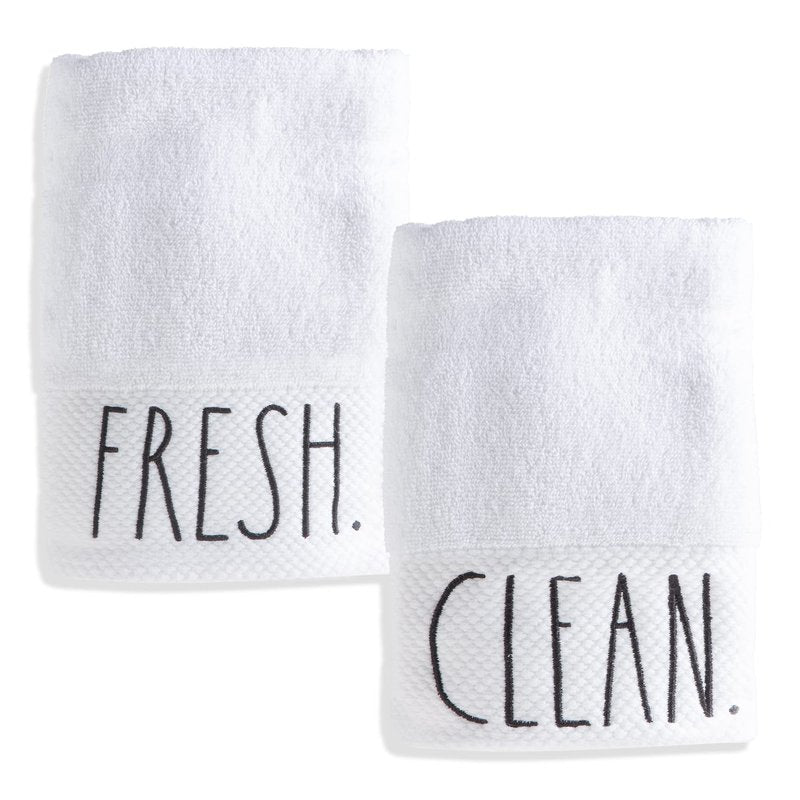Rae Dunn Hand Towels, Embroidered Decorative Hand Towel for Kitchen and Bathroom, 100% Cotton, White- Fresh/Clean, 16"x 28"