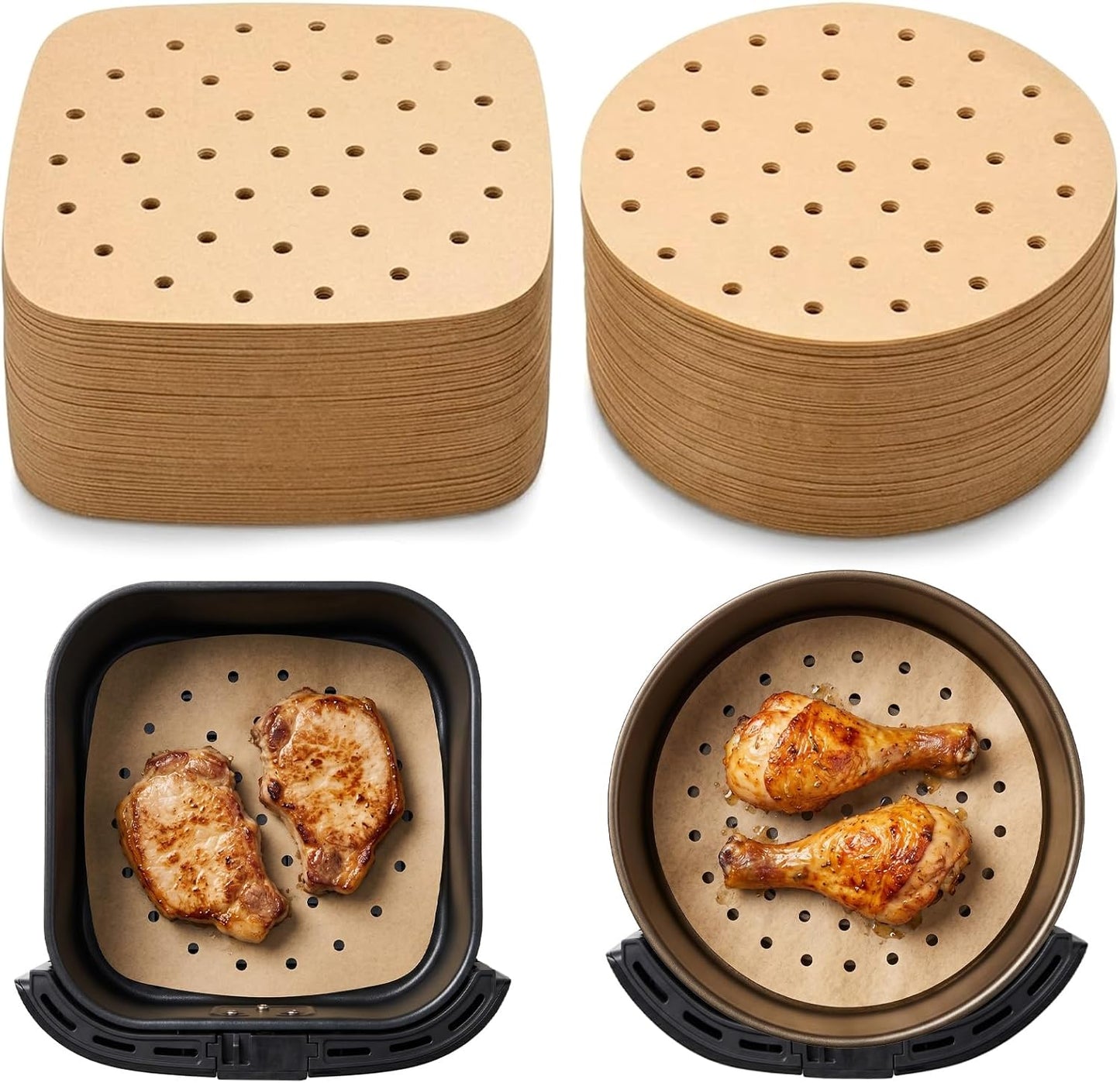 Skiennix Air Fryer Parchment Paper Liners - 100 PCS Disposable Perforated Sheets, 8.5" & 7" Sizes