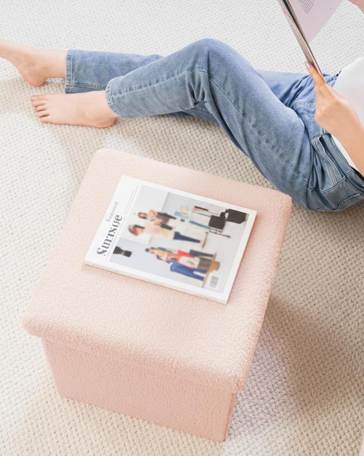 15"x15"x15" Square Ottoman with Storage, Small Sherpa Storage Ottoman Cube, Boucle Folding Foot Rest for Dorm, Living