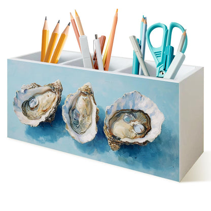 PQKIY Blue Coastal Beach Oyster Pen Holder for Desk,Ocean Beach Wooden Box Sign Desk Decor for Home Bedroom Office,Ocean Beachy Makeup Brush Toothbrush Holder Organizer for Bathroom Accessories