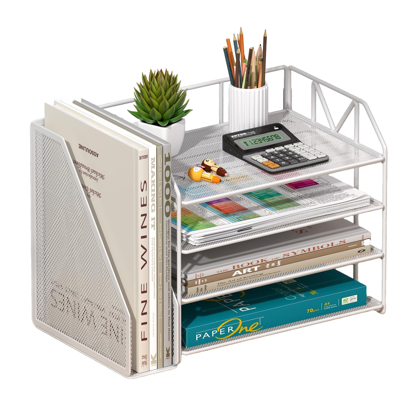 handimp 4-Tier Paper File Organizer with Drawer, Metal Desk Organizer, Tiered Paper Tray for Letter/A4 Files, Desktop Office Supplies Storage Rack, White