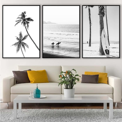 VLOLIFE Black and White Coastal Surfing Landscape Posters and Prints, Unframed Canvas Painting Home Decor 16X24inchX3