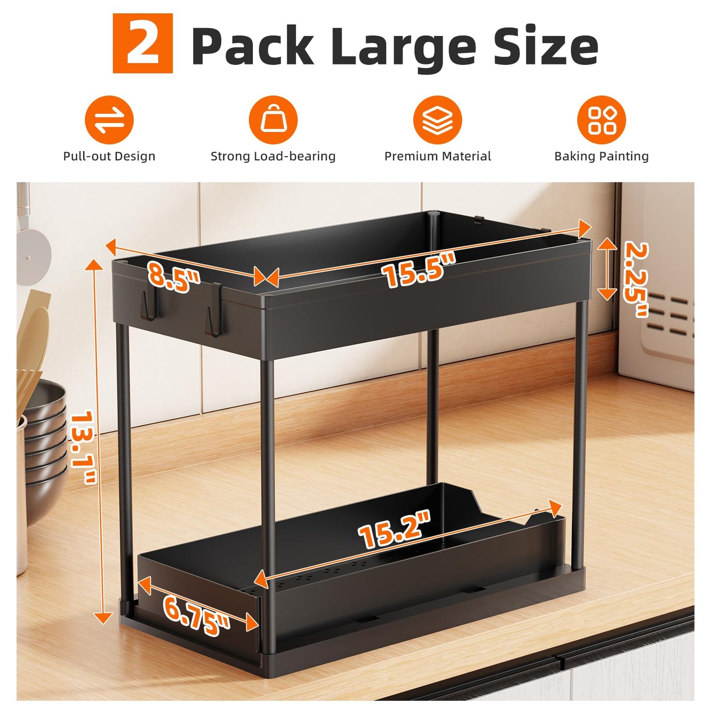 Simple Trending Under Sink Organizer 2 Pack, Sink Pull-Out Sliding Storage Cabinet, 2-Tier Under Shelf Organizer for Kitchen Bathroom, Black
