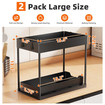 Simple Trending Under Sink Organizer 2 Pack, Sink Pull-Out Sliding Storage Cabinet, 2-Tier Under Shelf Organizer for Kitchen Bathroom, Black