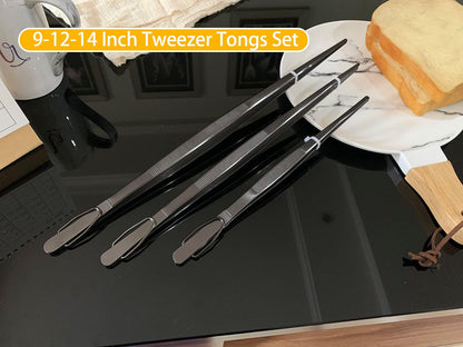 JETKONG Extra Long Kitchen Tweezers, Heavy Duty Stainless Steel Cooking Tweezers Set of 3 (9, 12, 14 Inch)