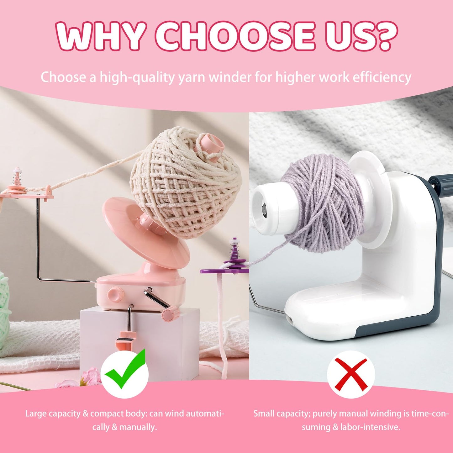 Electric Yarn Winder, Automatic Yarn Ball Winder for Crocheting, Compact Yarn Cake Winder with Strong Tension Stepless Speed for Crocheting & Knitting, Ideal Helper for Yarn Lovers (Pink)