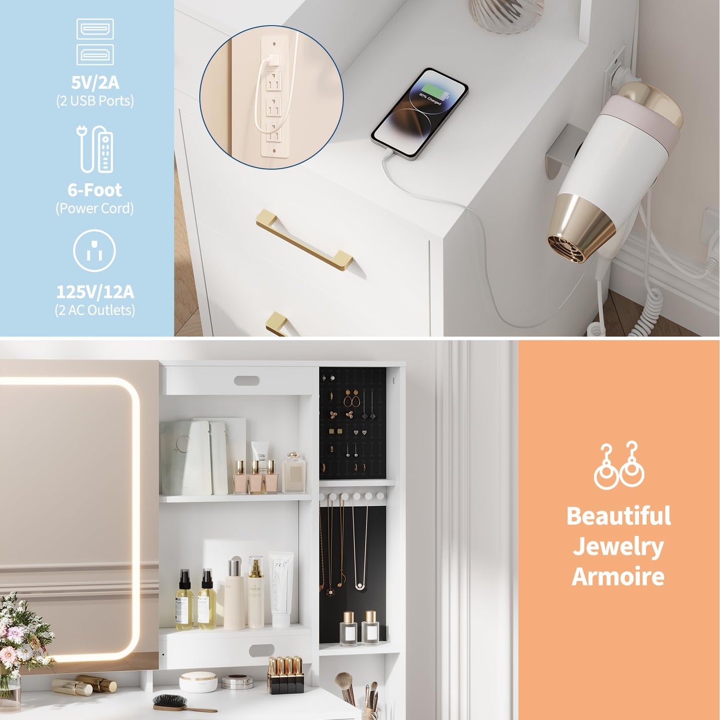 IDEALHOUSE Vanity Desk with Mirror and Lights, Makeup Vanity Set with Drawers & Chair, 3 Light Mode and Brightness Adjusted & Power Outlet, Dressing Table with Hairdryer Holder for Bedroom
