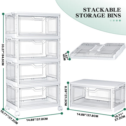 Kmiectse Clear Storage Bins with Lids - 4 Tier Plastic Bins with Wheels, Stackable Storage Bin, Closet Organizers Box for Bedroom, Living Room, 23 QT Folding Box with Magnetic Door