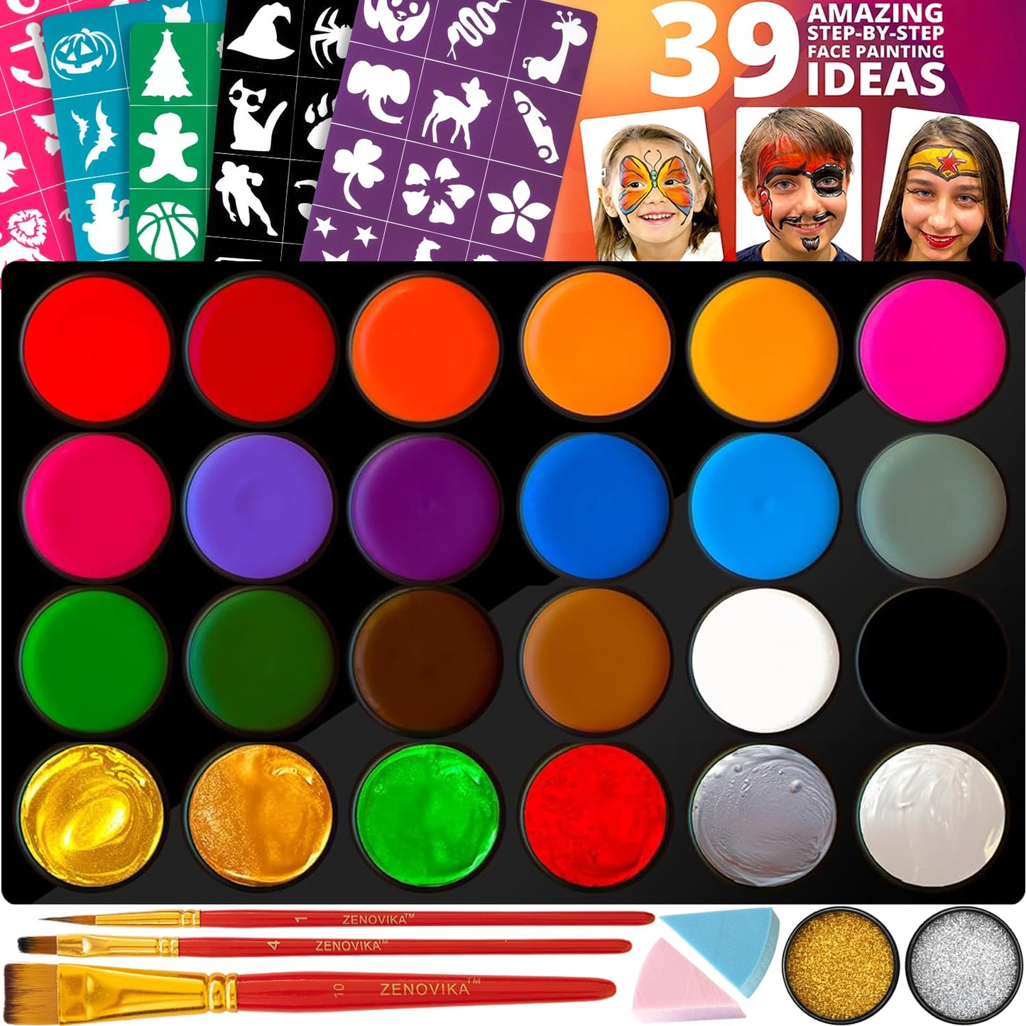 Zenovika Face Painting Kit for Kids - 24 Large Colors, Non-Toxic and Hypoallergenic, Stencils, Book, and Professional Halloween Makeup - Safe and Easy to Use