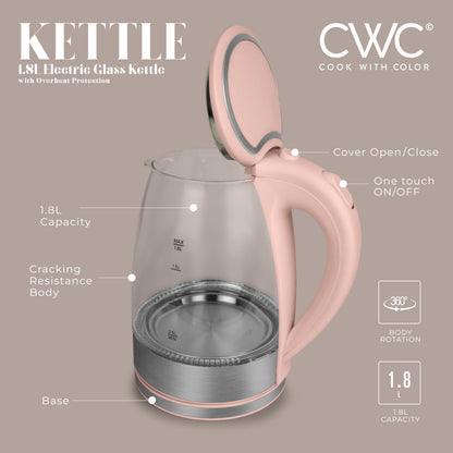 COOK WITH COLOR Electric Tea Kettle, 1.8L Cordless Hot Water Boiler, 1200W Rapid Boil, Auto Shutoff & Boil Dry Protection, BPA-Free, Sleek Countertop Design, Blush