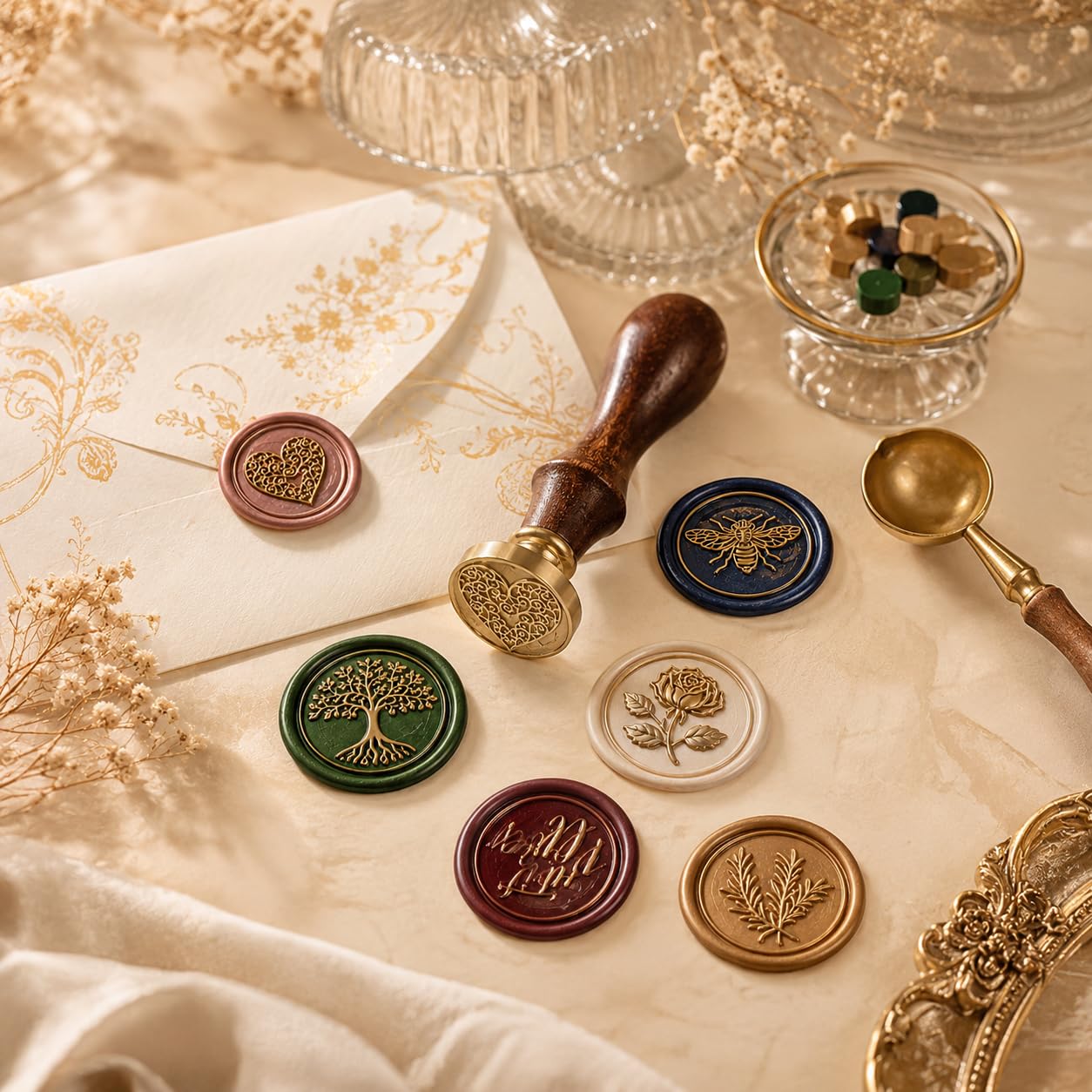 SWANGSA Wax Seal Stamp Set, Vintage 6 Pieces Sealing Wax Stamp Heads and 1 Wooden Handle for Weeding Invitations, Letters, Envelopes, Christmas (Tree of Life Set)
