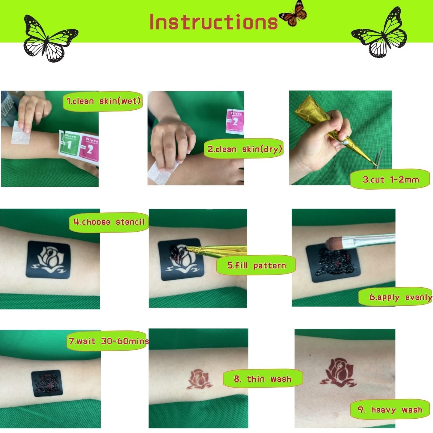 ManYan HaiYan Temporary Tattoo Stencils Kit - Reusable 12 Large Sheets, 78 Unique Designs - 6 Tattoo Cones 3 Colors (Brown/Black/Maroon) with Brush & Wipes for DIY Body Art, Festivals, Parties, Makeup