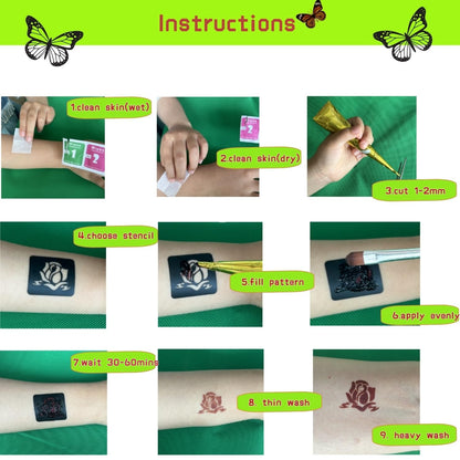 ManYan HaiYan Temporary Tattoo Stencils Kit - Reusable 12 Large Sheets, 78 Unique Designs - 6 Tattoo Cones 3 Colors (Brown/Black/Maroon) with Brush & Wipes for DIY Body Art, Festivals, Parties, Makeup
