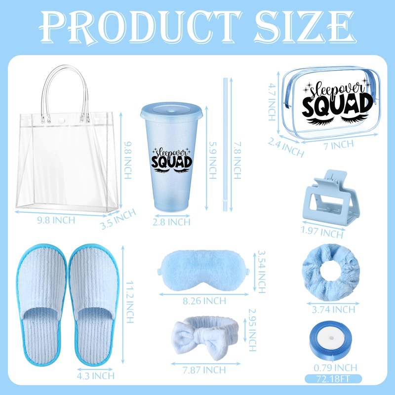 Acellegic 6 Sets Spa Sleepover Party Supplies 6 Pink Cups 6 Spa Headbands 6 Slippers 6 Eye Masks 6 Scrunchies 6 Hair Claws 6 Bags 6 Cosmetic Bag 6 Cards 1 Ribbon for Slumber Party(Blue)